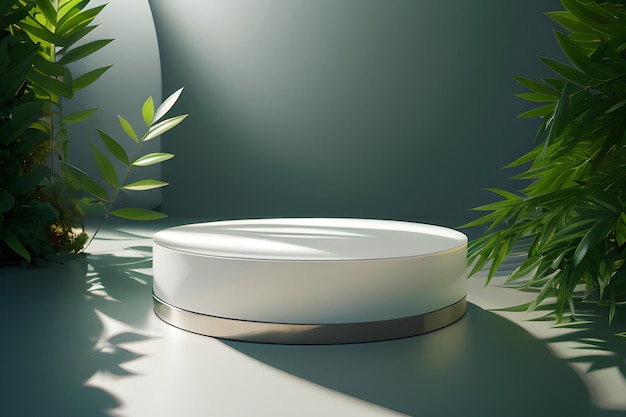 Round Marble Podium In Tropical Forest For Product Presentation And Green Wall 3D Generative AI for natural beauty products perfumes cosmetics mockups