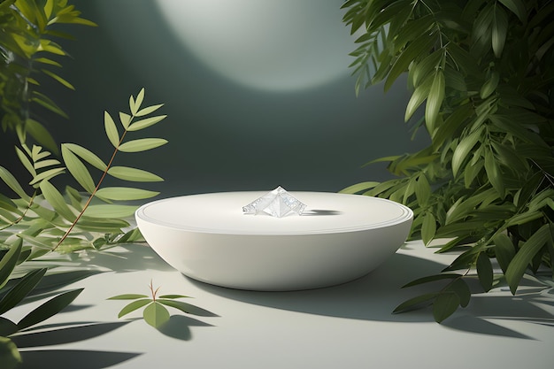 Round Marble Podium In Tropical Forest For Product Presentation And Green Wall 3D Generative AI for natural beauty products perfumes cosmetics mockups