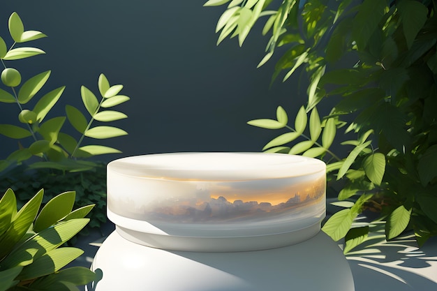 Round Marble Podium In Tropical Forest For Product Presentation And Green Wall 3D Generative AI for natural beauty products perfumes cosmetics mockups