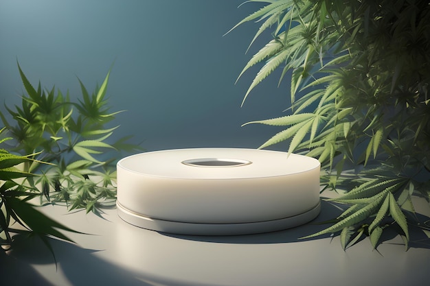 Round Marble Podium In Tropical Forest For Product Presentation And Green Wall 3D Generative AI for natural beauty products perfumes cosmetics mockups