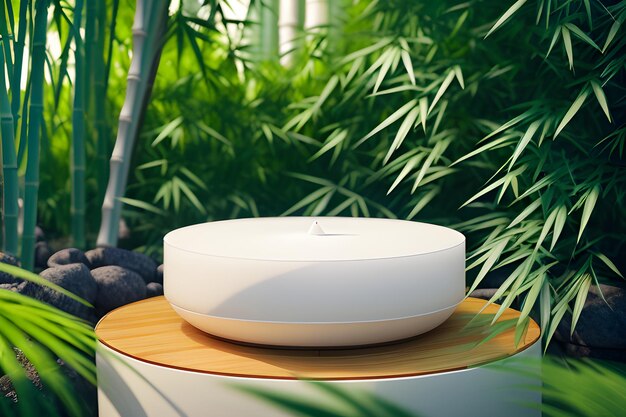 Round Marble Podium In Tropical Forest For Product Presentation And Green Wall 3D Generative AI for natural beauty products perfumes cosmetics mockups