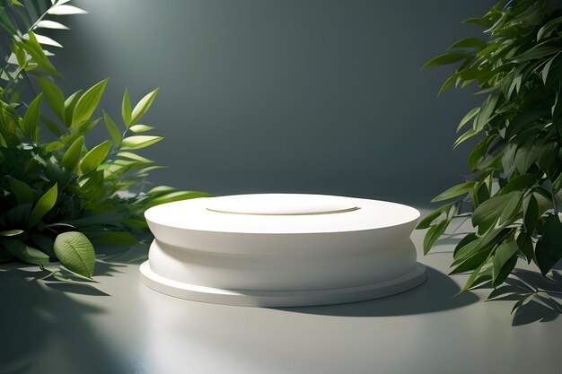 Round Marble Podium In Tropical Forest For Product Presentation And Green Wall 3D Generative AI for natural beauty products perfumes cosmetics mockups