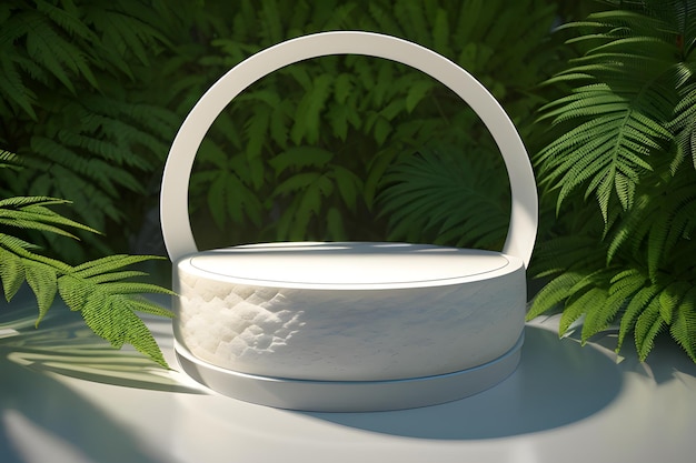 Round Marble Podium In Tropical Forest For Product Presentation And Green Wall 3D Generative AI for natural beauty products perfumes cosmetics mockups