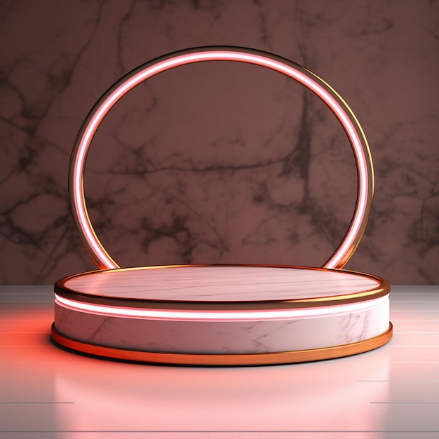 Round marble podium with neon lighting podium for product presentation