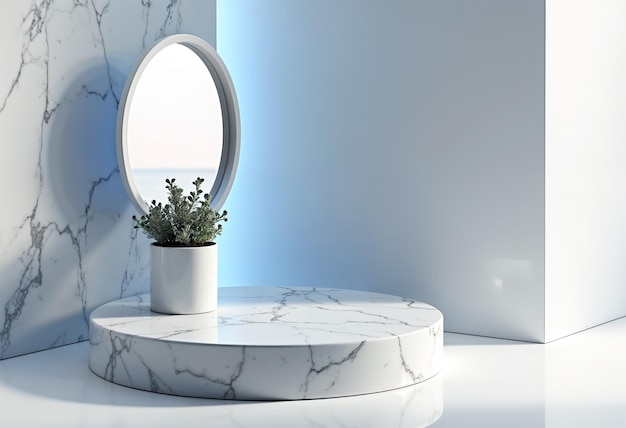 a round marble table with a plant on it and a round mirror on the top