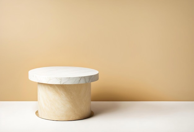 A round marble table with a white top and a tan background.