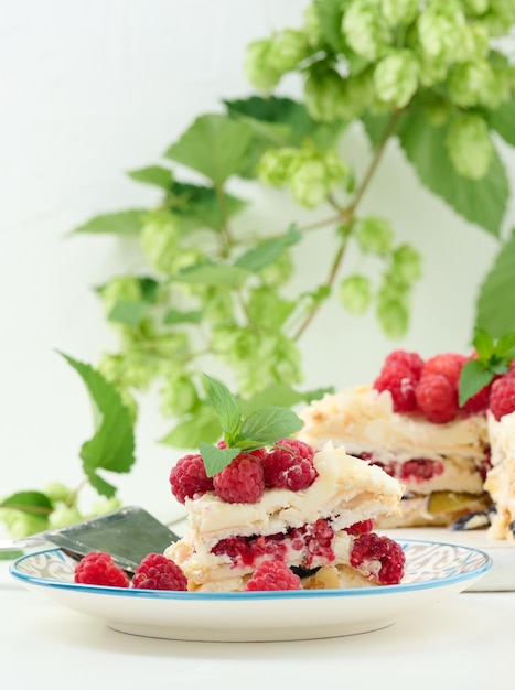 Round meringue pie with fresh raspberries on a white background Pavlova dessert