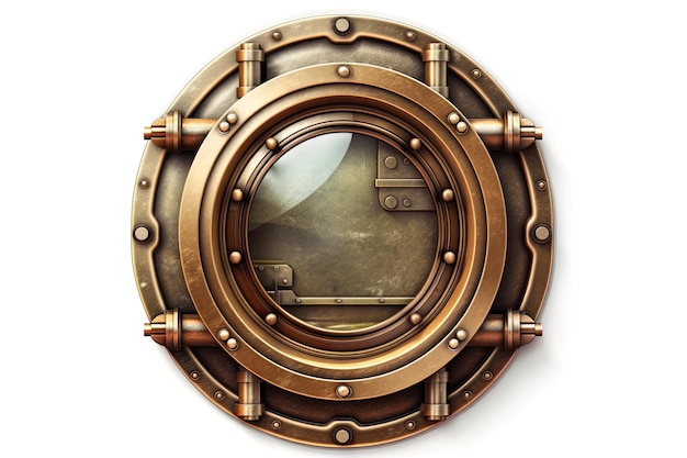 Round metal porthole with bolts on a plain white background Generative AI