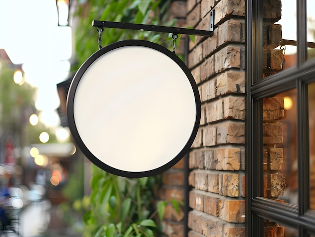 Round metal signboard mockup hanging on brick wall outside cafe or shop