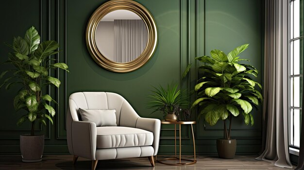 A round mirror adorns the wall of a contemporary living room positioned above an inviting armchair