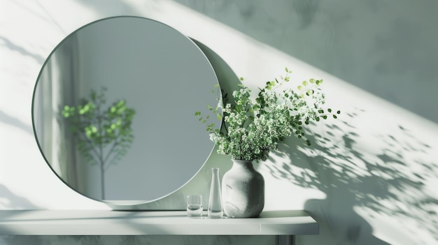 A round mirror on the dressing table with calls and delicate greenery in a calm soft interior