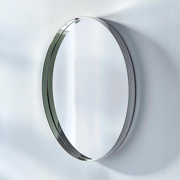 A round mirror hanging on a white wall