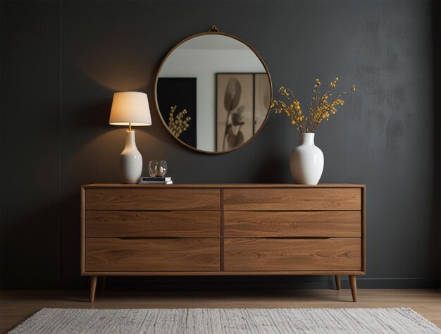 a round mirror hangs on a wall above a dresser with two vases