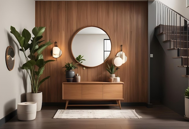 a round mirror hangs on a wall above a plant and a plant in a pot