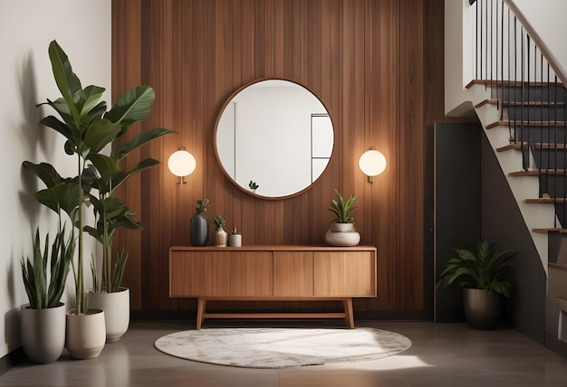 a round mirror hangs on a wall above a planter