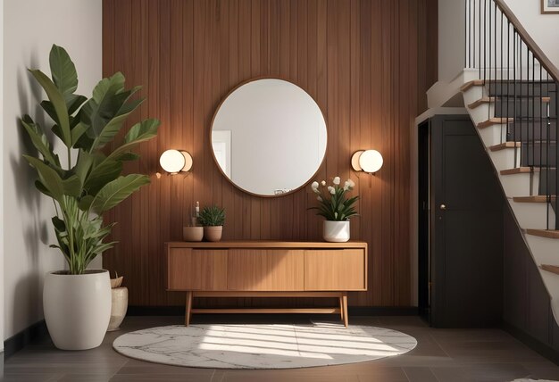 a round mirror hangs on a wall above a table with plants and a plant in it