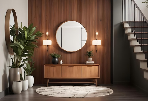 a round mirror hangs on a wall with a plant in the corner