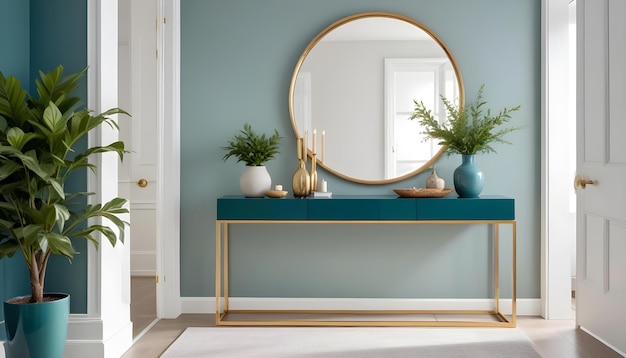 a round mirror is on a blue table in a room with a round mirror and a planter on the top