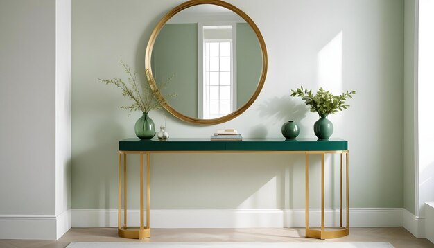 a round mirror is on a green table with a gold frame