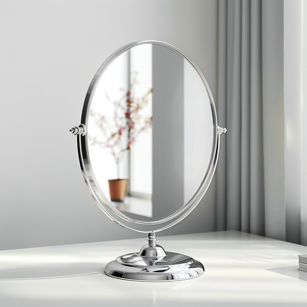 Round mirror on a white table in the interior rendering