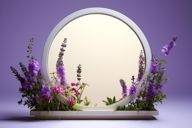 Round mirror with flowers on a purple background