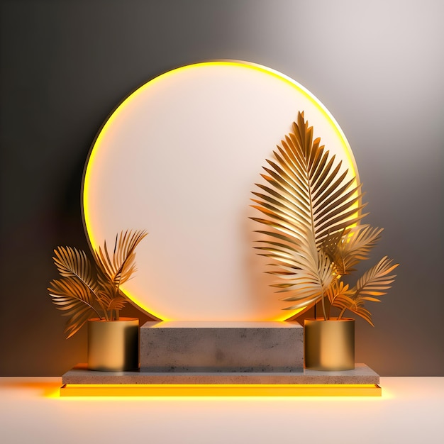 A round mirror with gold feathers and a palm tree on the top.