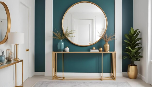 a round mirror with gold trim is on a blue wall