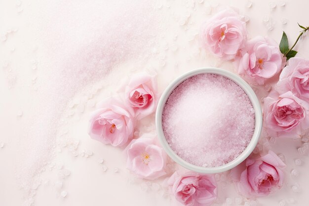 a round mirror with pink roses in the background.