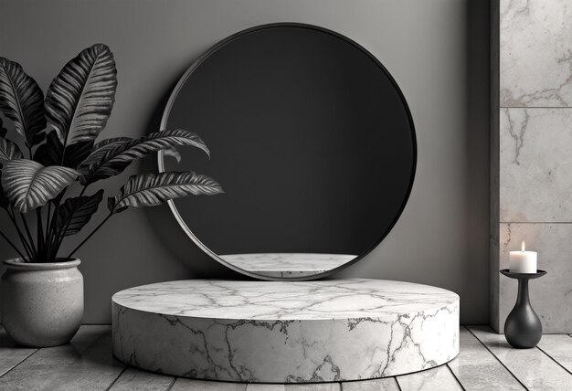 a round mirror with a plant in the corner