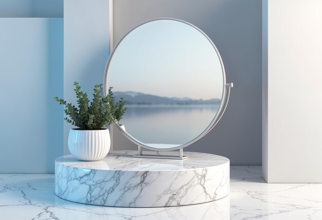 a round mirror with a plant in it