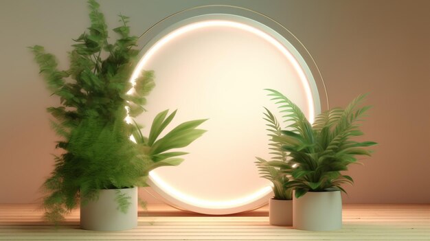 A round mirror with plants in pots and a light that says'green '