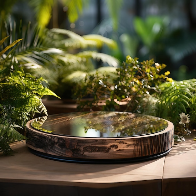 a round mirror with plants and a round mirror on it