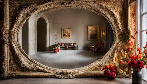 a round mirror with a red flower on it and a painting on the wall