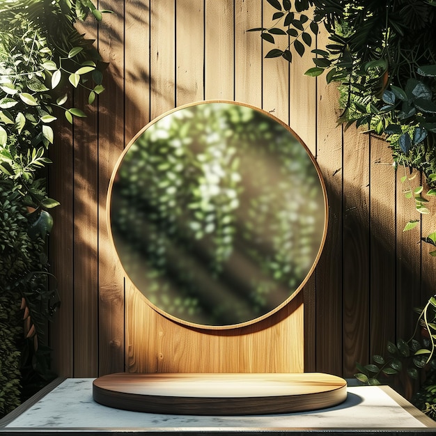 a round mirror with a wooden frame that says the name of the