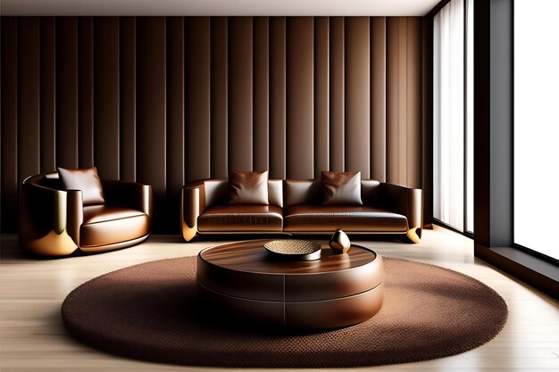 Round modern beautiful grain wood coffee table podium brown leather sofa steel leg in sunlight o