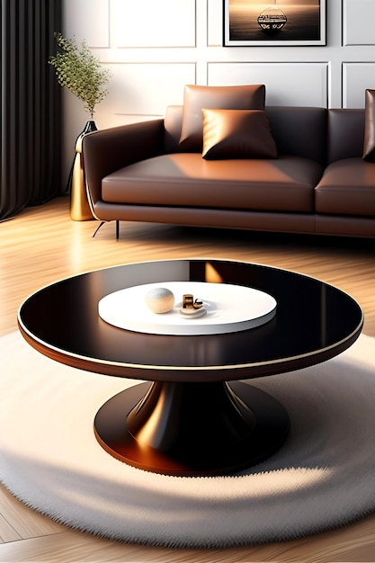 Round modern beautiful grain wood coffee table podium brown leather sofa steel leg in sunlight o