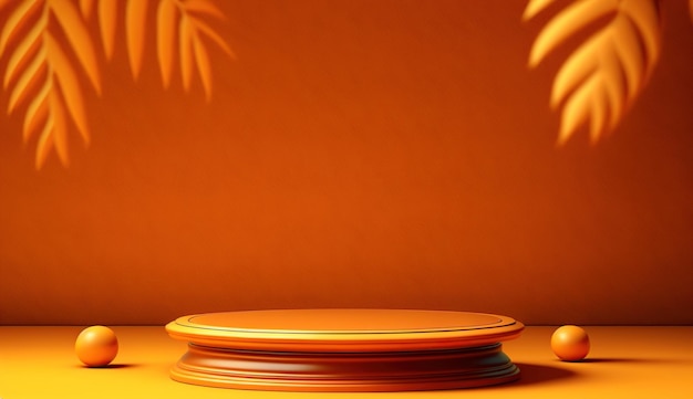 A round object with a gold base and a leaf pattern on the wall.