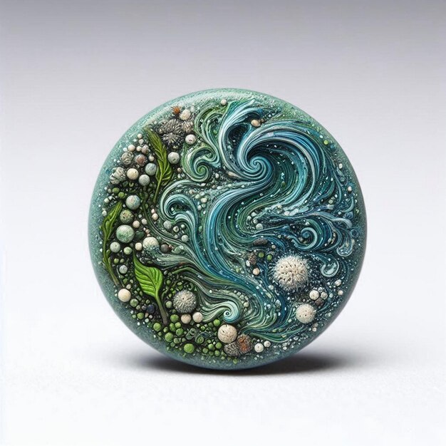 Photo a round object with a watercolor painting of the ocean on it