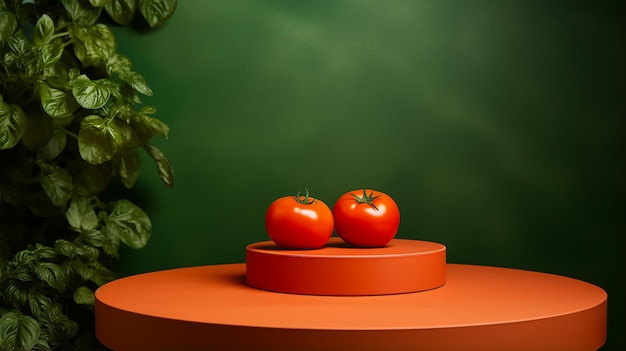 Round orange podium close shot green background studio