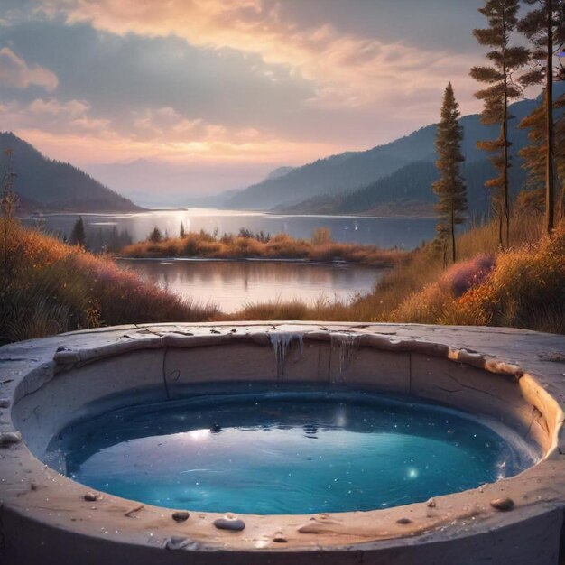 a round outdoor tub with a pond in the background