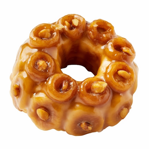 A round pastry with caramel icing and a sprinkle of nuts on top