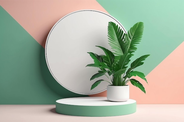 Round pedestal or podium with green plant Colorful minimal concept design