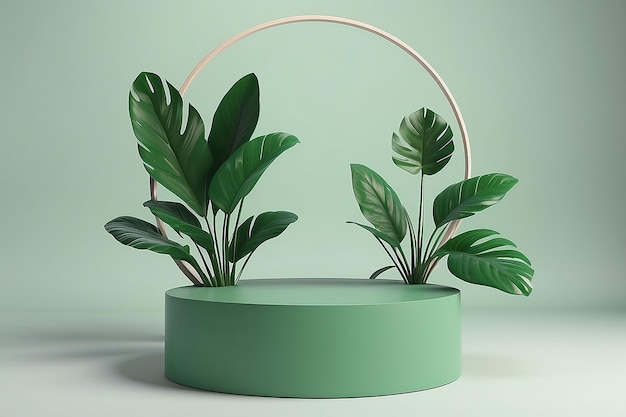 Round pedestal or podium with green plant Colorful minimal concept design