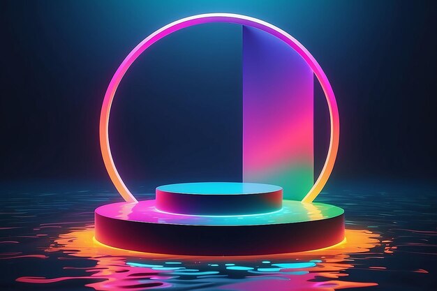 Round pedestal or podium with neon shine light on water surface Colorful minimal