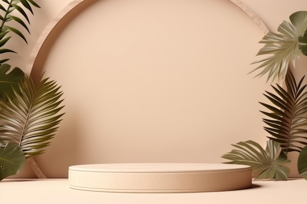 Round pedestal in soft beige color surrounded by tropical leaves podium for product presentation