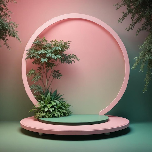 a round pink and green planter with a plant in the center