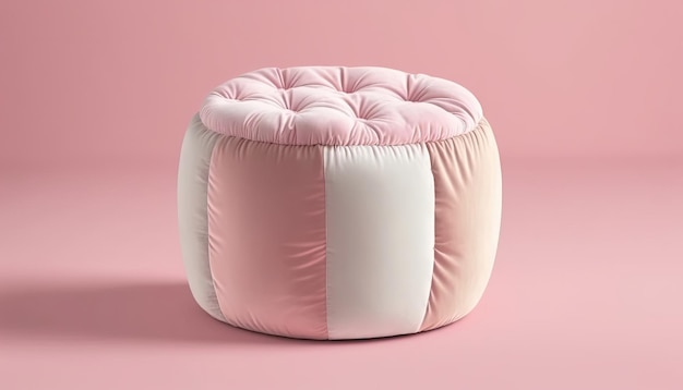 A round pink and white ottoman with a white pillow on it.