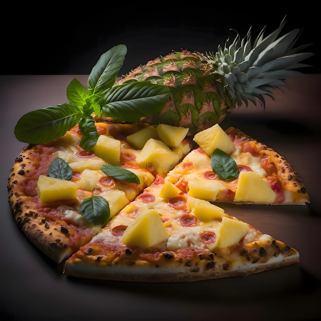 Round pizza with cheese basil pineapple spices on a plate Side view