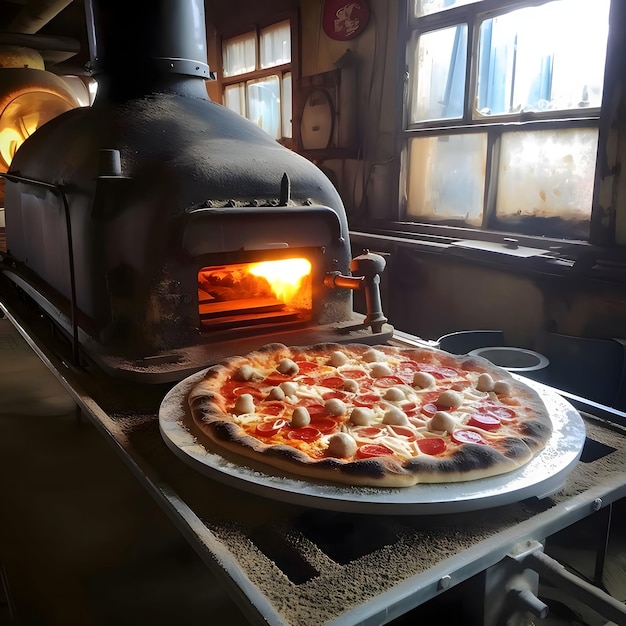 Round pizza with cheese ham tomatoes spices Side view In the background is the oven