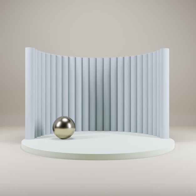 Round plate for product presentation with metallic ball 3d modeling scene in calm pastel colors